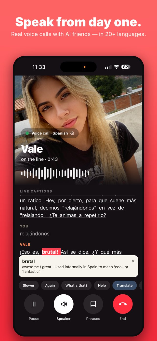 Speak from day one — real voice calls with AI friends in 20+ languages